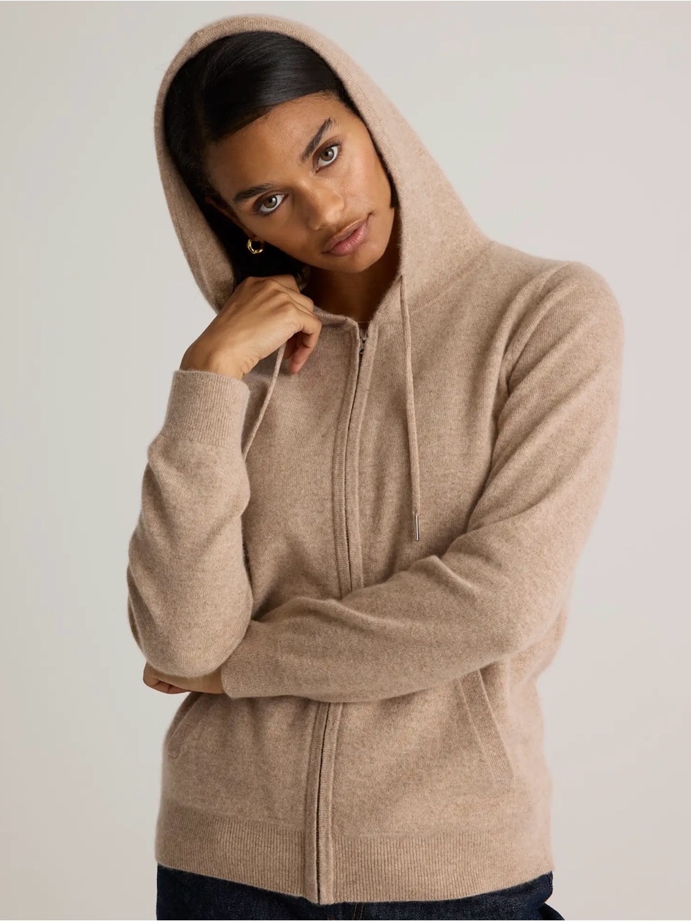 Quince Mongolian Cashmere Full-Zip Hoodie Sweater Oatmeal Beige Size Small - Picture 4 of 9